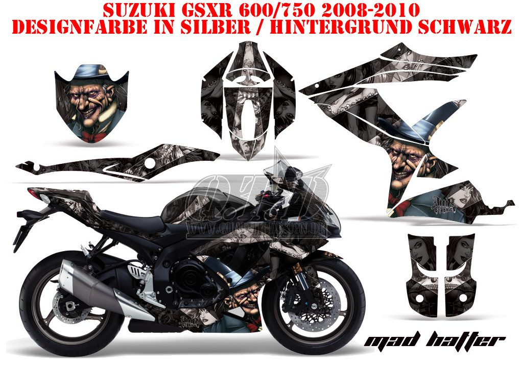 Mad-Hatter Hintergrund = Schwarz, Designfarbe = Silber für Suzuki GSXR 600/750 2008-2010