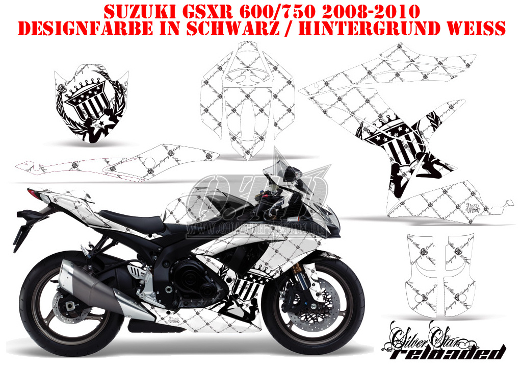 SilverStar - Reloaded Hintergrund = Weiß, Designfarbe = Schwarz für Suzuki GSXR 600/750 2008-2010
