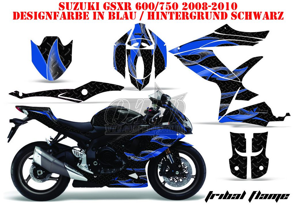 Tribal Flames Hintergrund = Schwarz, Designfarbe = Blau für Suzuki GSXR 600/750 2008-2010