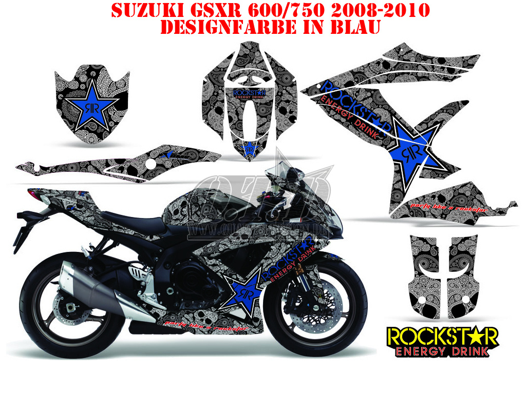Rockstar Hintergrund = Silber, Designfarbe = Blau für Suzuki GSXR 600/750 2008-2010