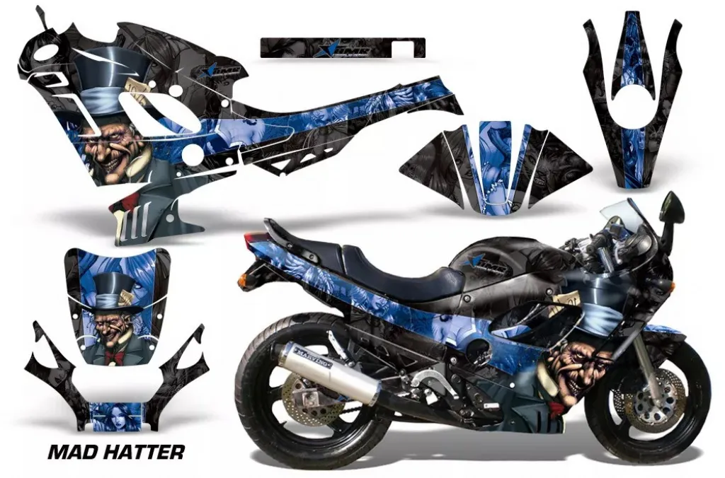 Mad-Hatter Hintergrund = Schwarz, Designfarbe = Blau für Suzuki GSXR 600F/750F Katana 88-97