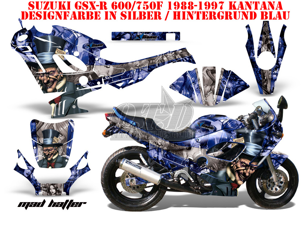 Mad-Hatter Hintergrund = Blau, Designfarbe = Silber für Suzuki GSXR 600F/750F Katana 88-97