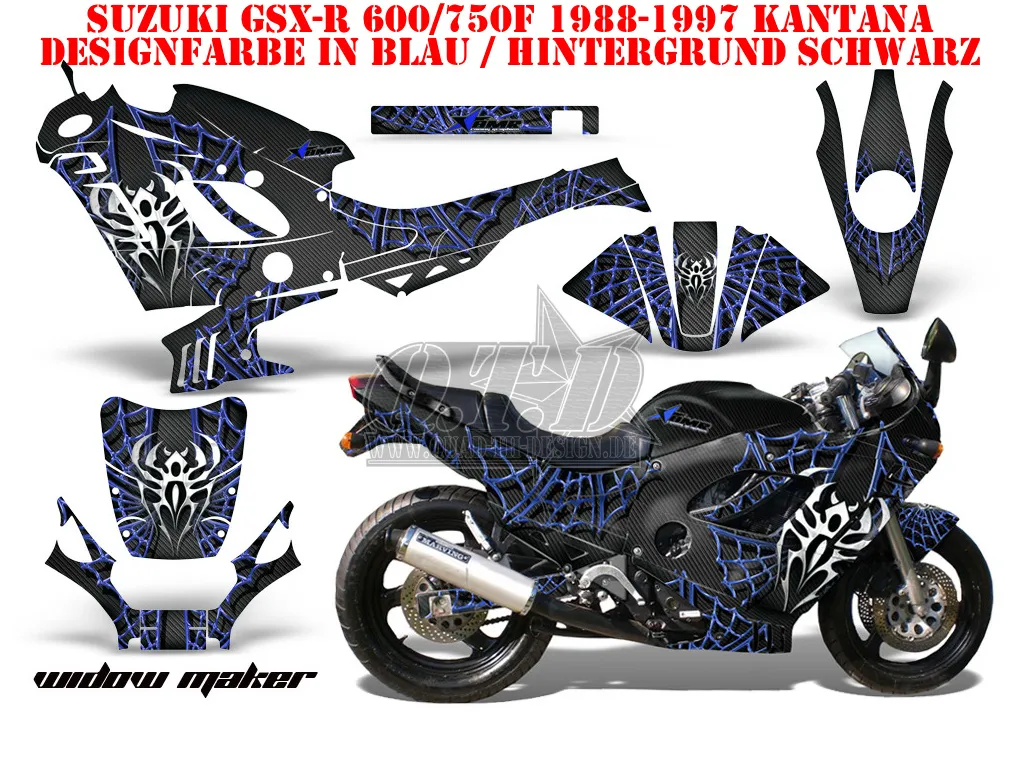 Widow Maker Hintergrund = Schwarz, Designfarbe = Blau für Suzuki GSXR 600F/750F Katana 88-97
