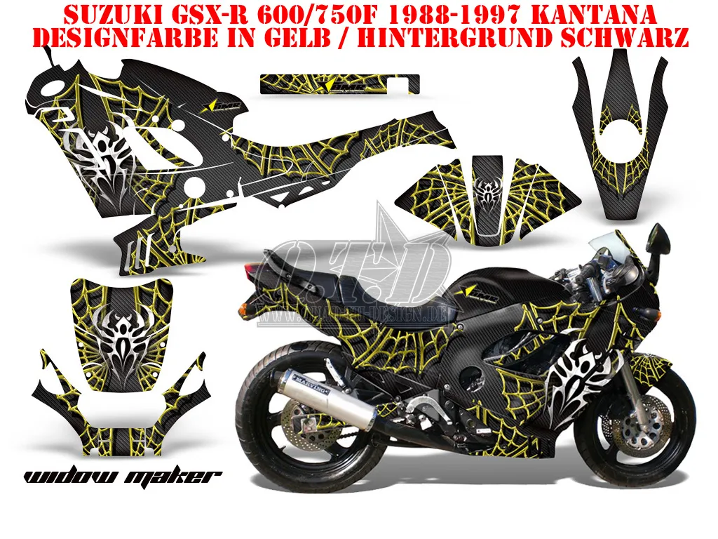 Widow Maker Hintergrund = Schwarz, Designfarbe = Gelb für Suzuki GSXR 600F/750F Katana 88-97