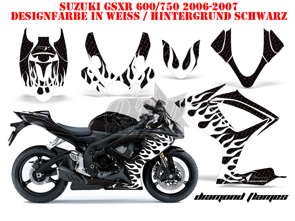 Diamond Flames Hintergrund = Schwarz, Designfarbe = Weiß für Suzuki GSXR 600/750 2006-2007