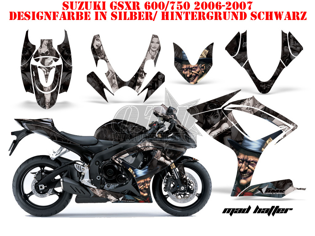 Mad-Hatter Hintergrund = Schwarz, Designfarbe = Silber für Suzuki GSXR 600/750 2006-2007