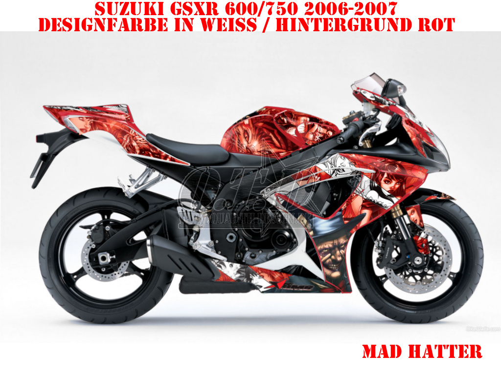 Mad-Hatter Hintergrund = Rot, Designfarbe = Weiß für Suzuki GSXR 600/750 2006-2007