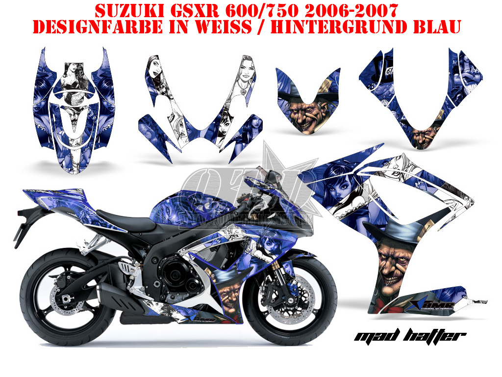 Mad-Hatter Hintergrund = Blau, Designfarbe = Weiß für Suzuki GSXR 600/750 2006-2007