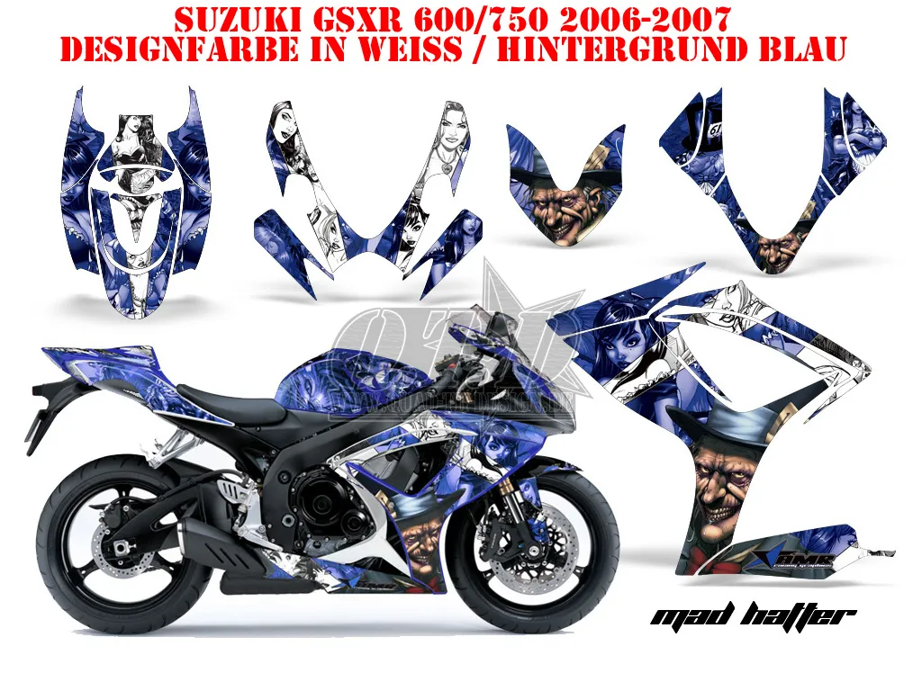 Mad-Hatter Hintergrund = Blau, Designfarbe = Weiß für Suzuki GSXR 600/750 2006-2007