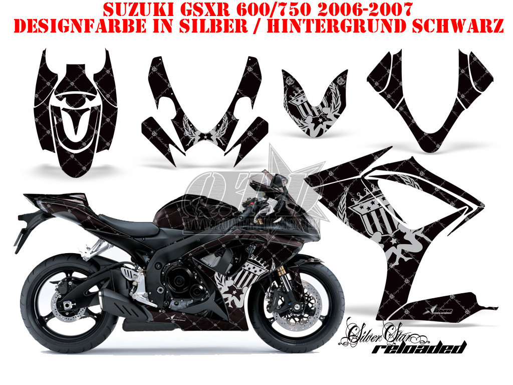 SilverStar - Reloaded Hintergrund = Schwarz, Designfarbe = Silber für Suzuki GSXR 600/750 2006-2007