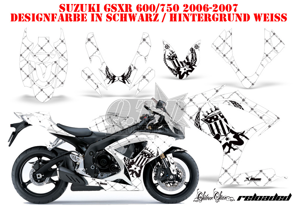 SilverStar - Reloaded Hintergrund = Weiß, Designfarbe = Schwarz für Suzuki GSXR 600/750 2006-2007