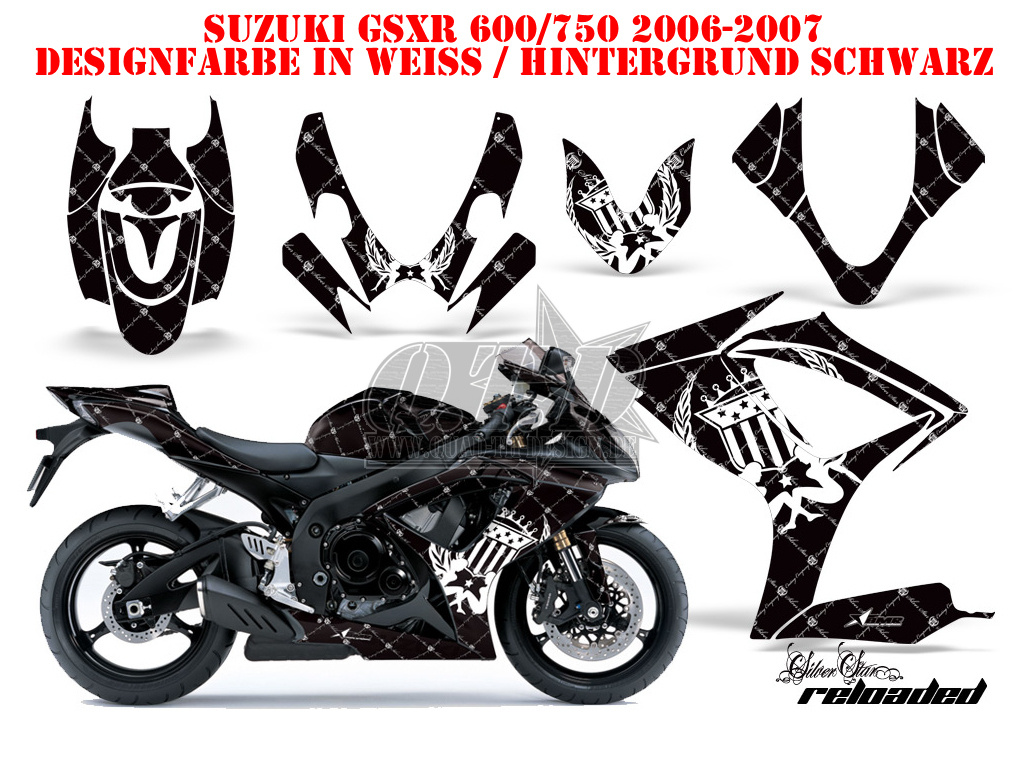 SilverStar - Reloaded Hintergrund = Schwarz, Designfarbe = Weiß für Suzuki GSXR 600/750 2006-2007