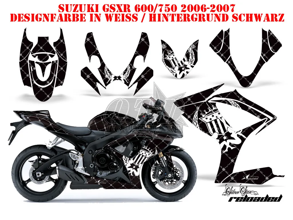 SilverStar - Reloaded Hintergrund = Schwarz, Designfarbe = Weiß für Suzuki GSXR 600/750 2006-2007