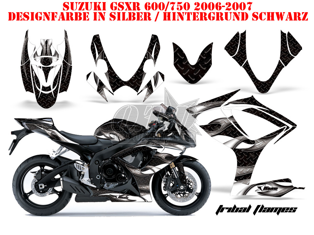 Tribal Flames Hintergrund = Schwarz, Designfarbe = Silber für Suzuki GSXR 600/750 2006-2007