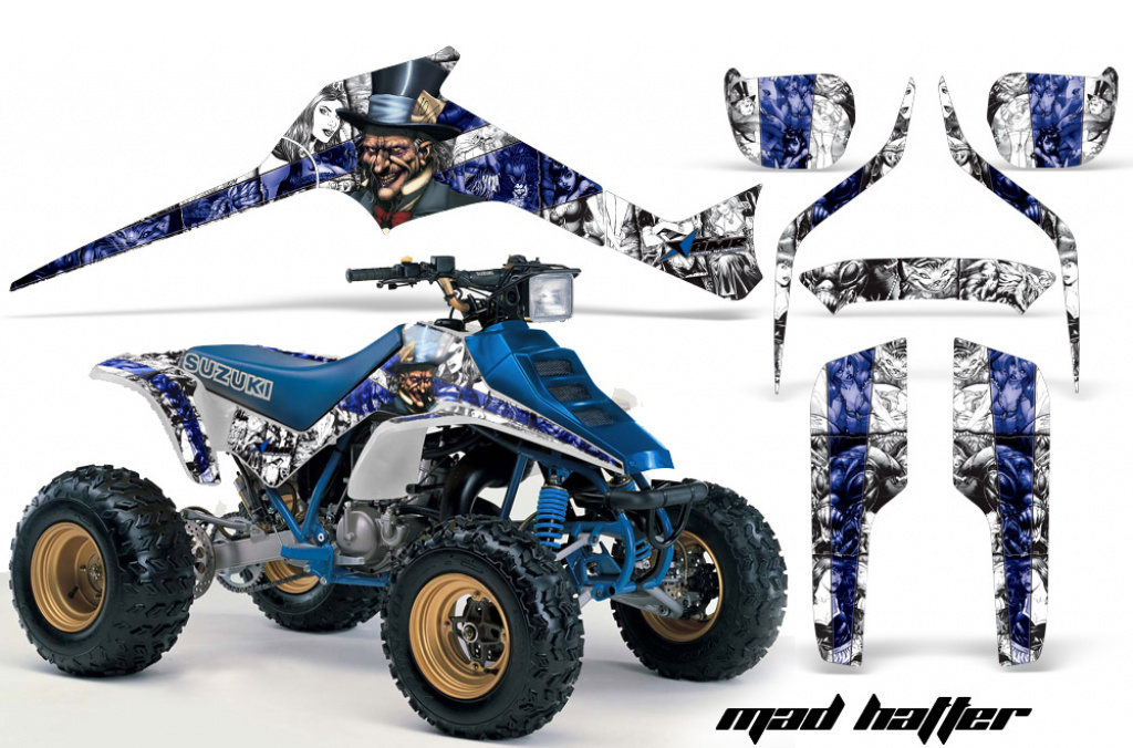 Mad-Hatter Background = White, Design color = Blue for Suzuki LT 250/LT 250r 1985-1992
