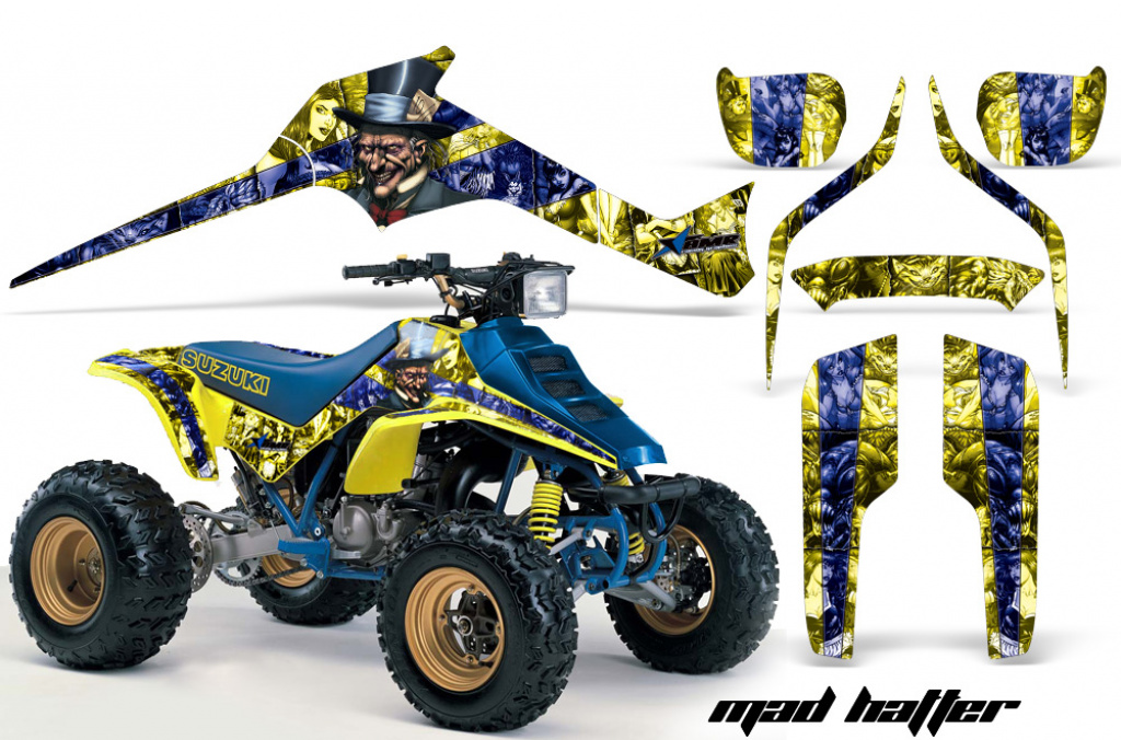 Mad-Hatter Background = Yellow, Design color = Blue for Suzuki LT 250/LT 250r 1985-1992