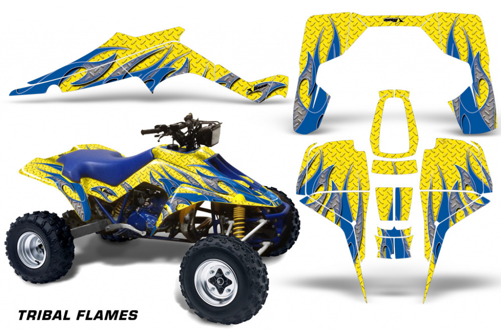 Tribal Flames Hintergrund = Gelb, Designfarbe = Blau für Suzuki LT 500R Quadzilla 1987-1990