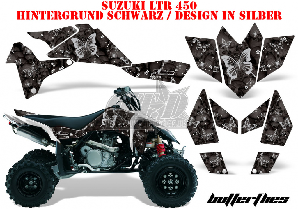 Butterfly Hintergrund = Schwarz, Designfarbe = Silber für Suzuki LTR 450