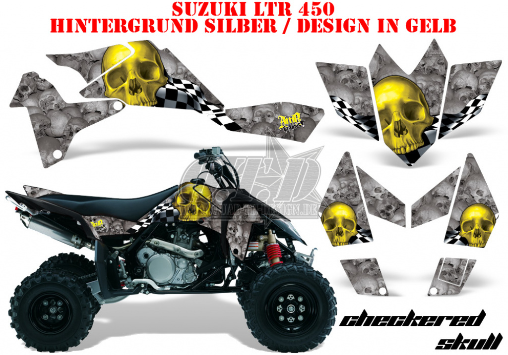 Checkered Skull Hintergrund = Silber, Designfarbe = Gelb für Suzuki LTR 450