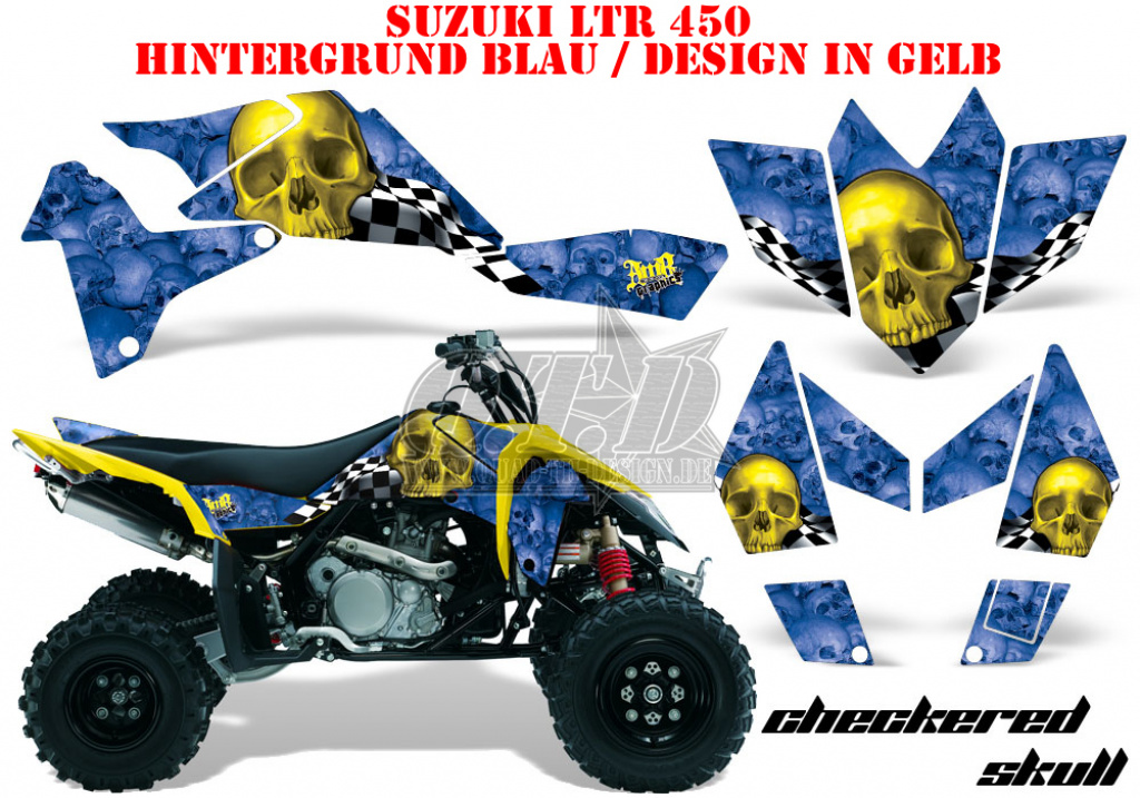 Tribal Flames Hintergrund = Blau, Designfarbe = Gelb für Suzuki LTR 450