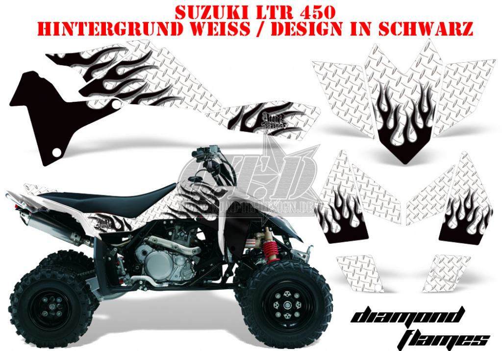 Diamond Flames Hintergrund = Weiß, Designfarbe = Schwarz für Suzuki LTR 450