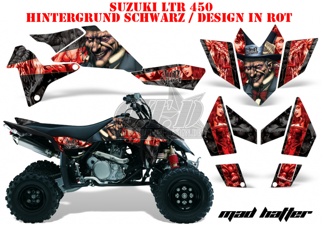 Mad-Hatter Hintergrund = Schwarz, Designfarbe = Rot für Suzuki LTR 450