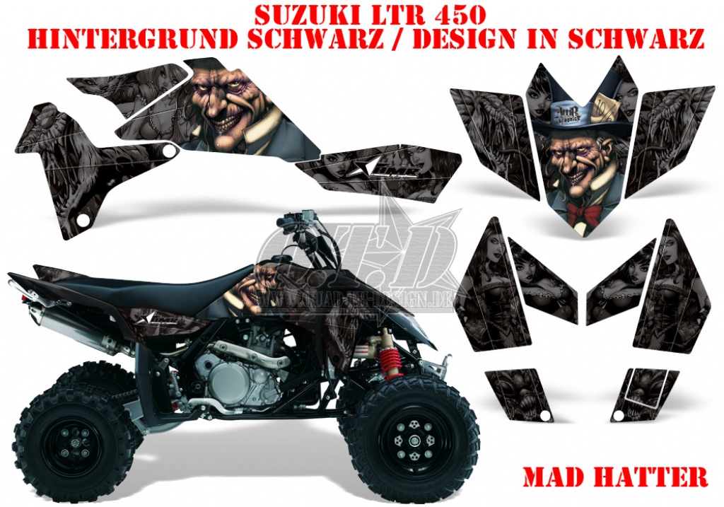 Mad-Hatter Hintergrund = Schwarz, Designfarbe = Schwarz für Suzuki LTR 450