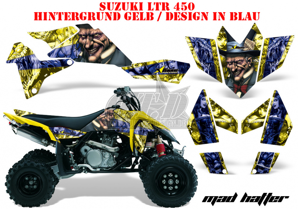 Mad-Hatter Hintergrund = Gelb, Designfarbe = Blau für Suzuki LTR 450