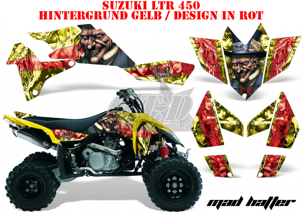 Mad-Hatter Hintergrund = Gelb, Designfarbe = Rot für Suzuki LTR 450