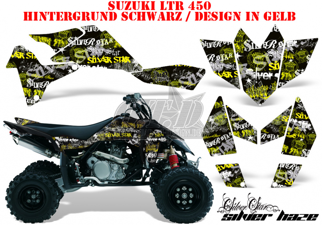 SilverStar - Silverhaze Hintergrund = Schwarz, Designfarbe = Gelb für Suzuki LTR 450