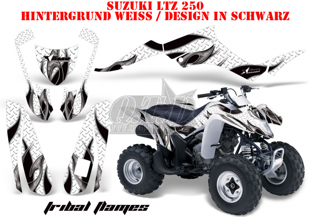 Tribal Flames Hintergrund = Weiß, Designfarbe = Schwarz für Suzuki LTZ 250
