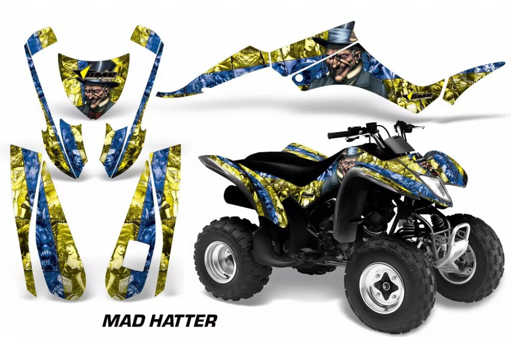 Mad-Hatter Hintergrund = Gelb, Designfarbe = Blau für Suzuki LTZ 250