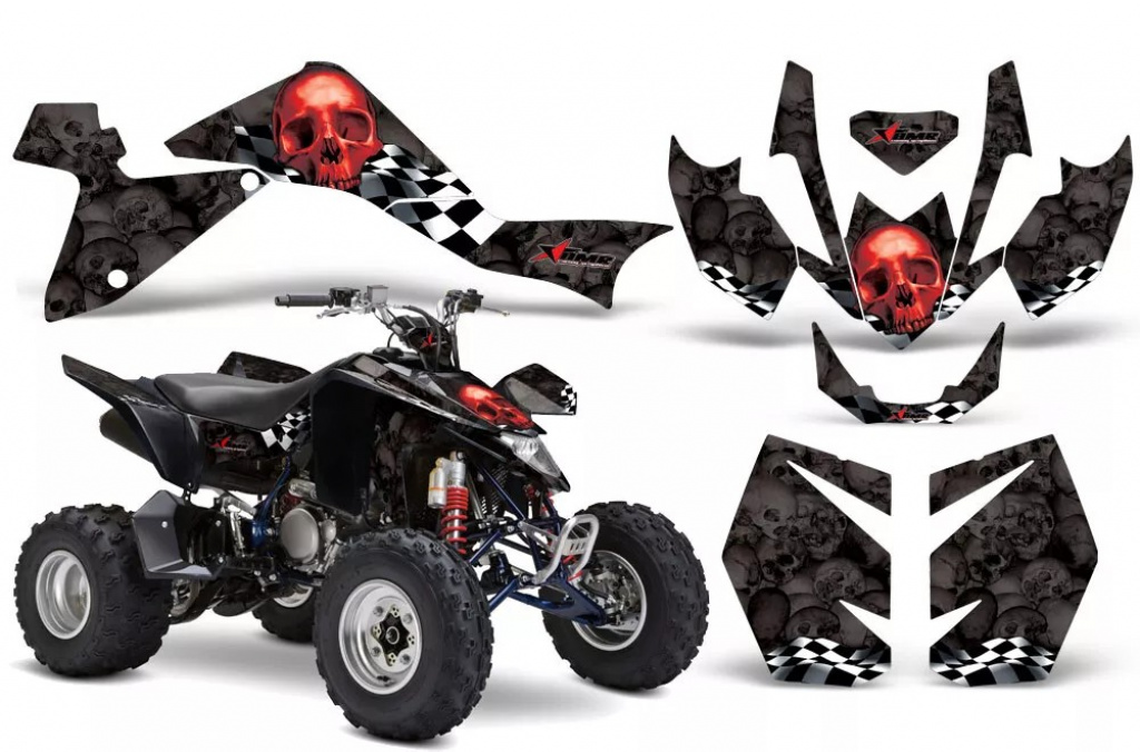 Checkered Skull Hintergrund = Schwarz, Designfarbe = Rot für Suzuki LTZ 400 2009+