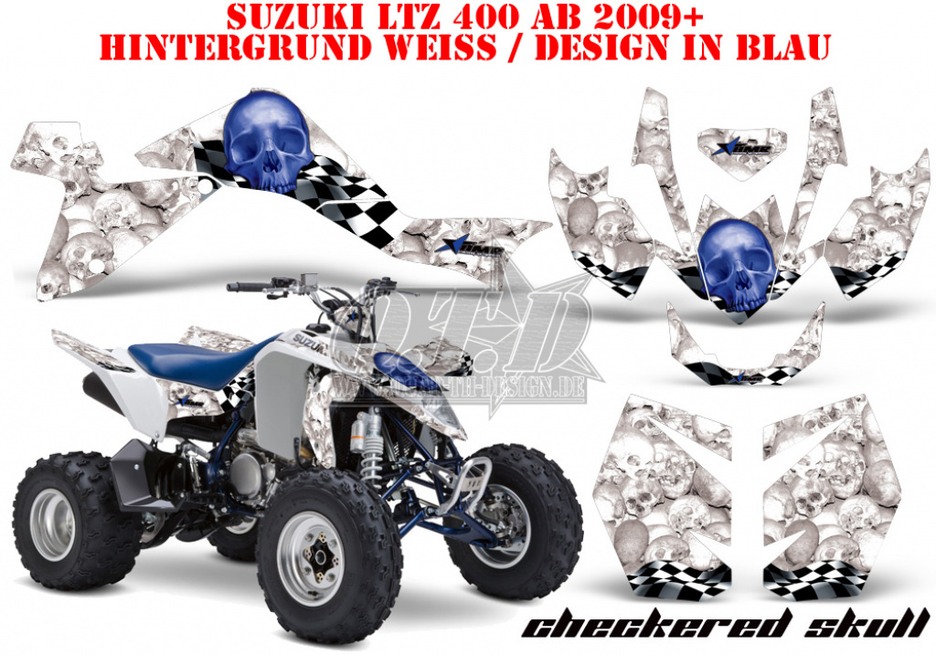Checkered Skull Hintergrund = Weiß, Designfarbe = Blau für Suzuki LTZ 400 2009+