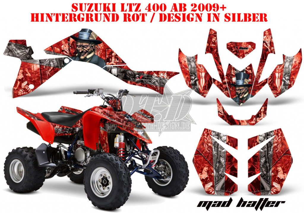 Mad-Hatter Hintergrund = Rot, Designfarbe = Silber für Suzuki LTZ 400 2009+