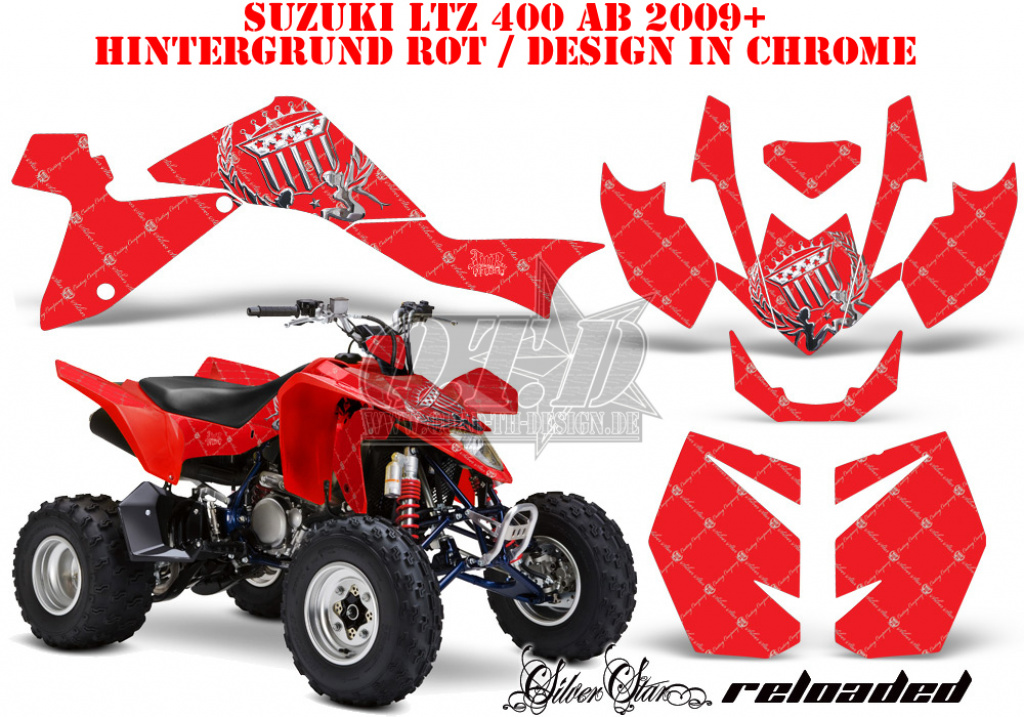 SilverStar - Reloaded Hintergrund = Rot, Designfarbe = Chrome für Suzuki LTZ 400 2009+