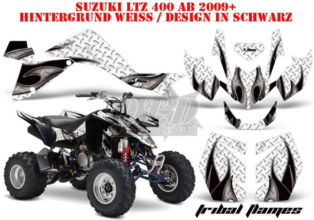 Tribal Flames Hintergrund = Weiß, Designfarbe = Schwarz für Suzuki LTZ 400 2009+