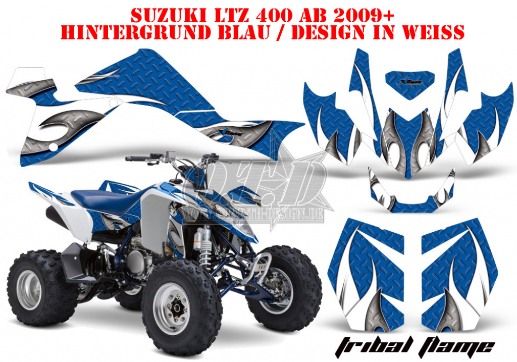 Tribal Flames Hintergrund = Blau, Designfarbe = Weiß für Suzuki LTZ 400 2009+