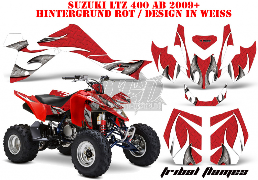 Tribal Flames Hintergrund = Rot, Designfarbe = Weiß für Suzuki LTZ 400 2009+