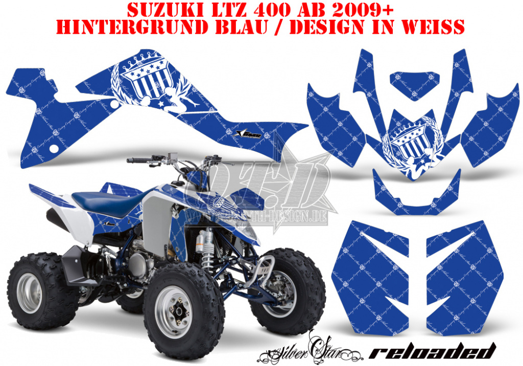 SilverStar - Reloaded Hintergrund = Blau, Designfarbe = Weiß für Suzuki LTZ 400 2009+