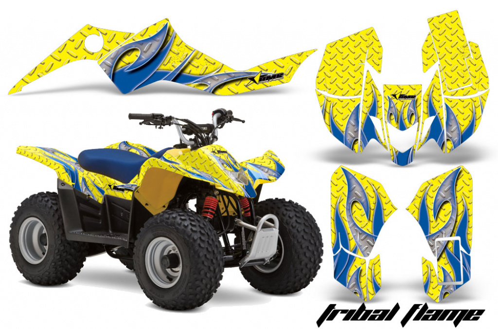 Tribal Flames Hintergrund = Gelb, Designfarbe = Blau für Suzuki LTZ 50