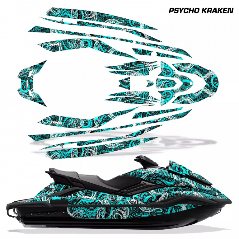 Psycho Kraken Hintergrund = Schwarz, Designfarbe = Teal Blau für Yamaha FX Cruiser SVHO 2019-2021