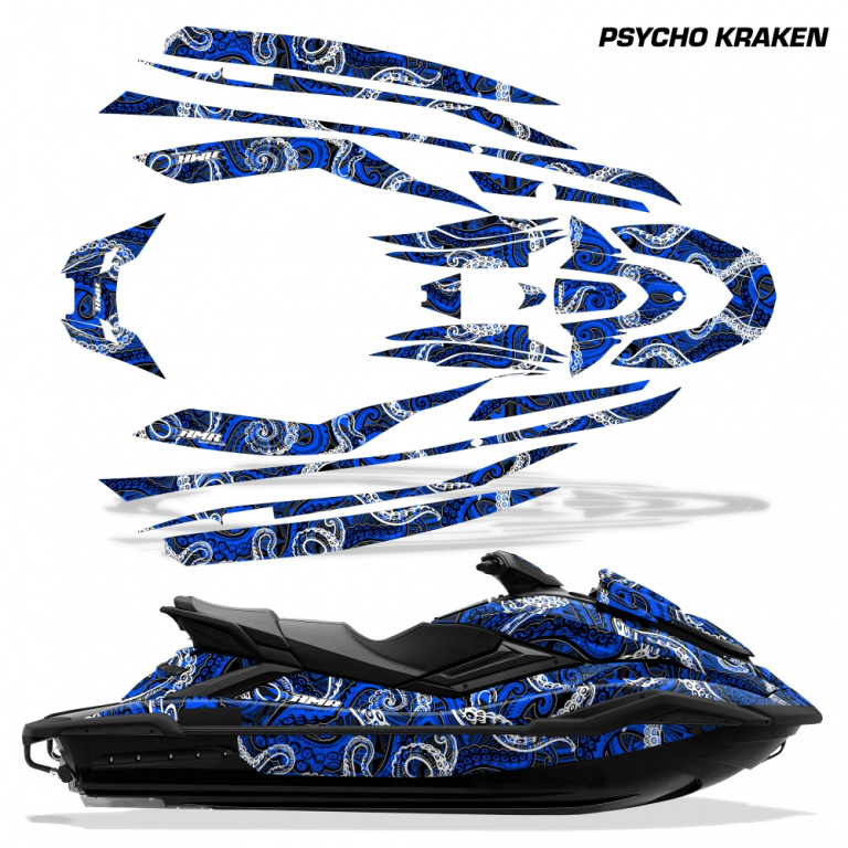 Psycho Kraken Hintergrund = Schwarz, Designfarbe = Blau für Yamaha FX Cruiser SVHO 2019-2021