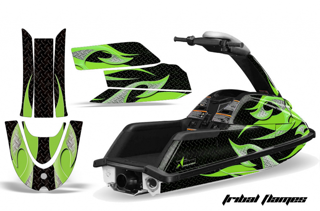 Tribal Flames Hintergrund = Schwarz, Designfarbe = Grün für Yamaha Superjet Freestyle (Runde Nase)
