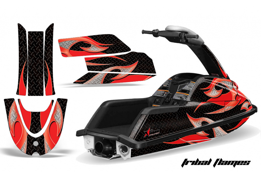 Tribal Flames Hintergrund = Schwarz, Designfarbe = Rot für Yamaha Superjet Freestyle (Runde Nase)
