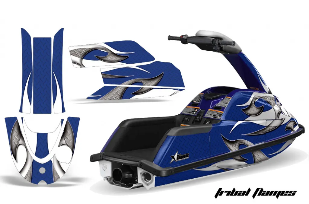 Tribal Flames Background = Blue, Design color = White for Yamaha Superjet Freestyle (round nose)