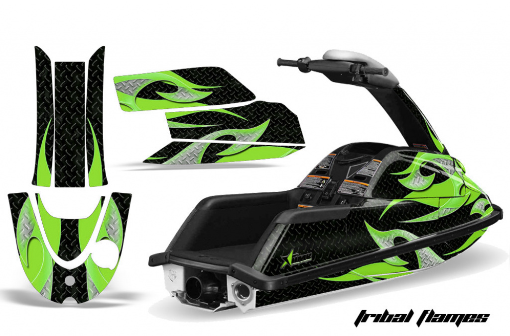 Tribal Flames Hintergrund = Schwarz, Designfarbe = Grün für Yamaha Superjet (Runde Nase)