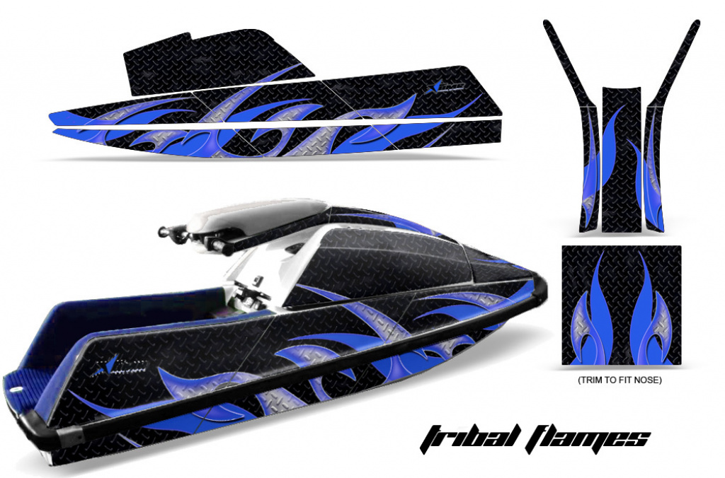 Tribal Flames Hintergrund = Schwarz, Designfarbe = Blau für Yamaha Superjet (Eckige Nase)