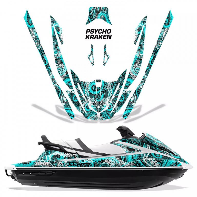Psycho Kraken Hintergrund = Schwarz, Designfarbe = Teal Blau für Yamaha VX Cruiser/VX Deluxe 2015-2020