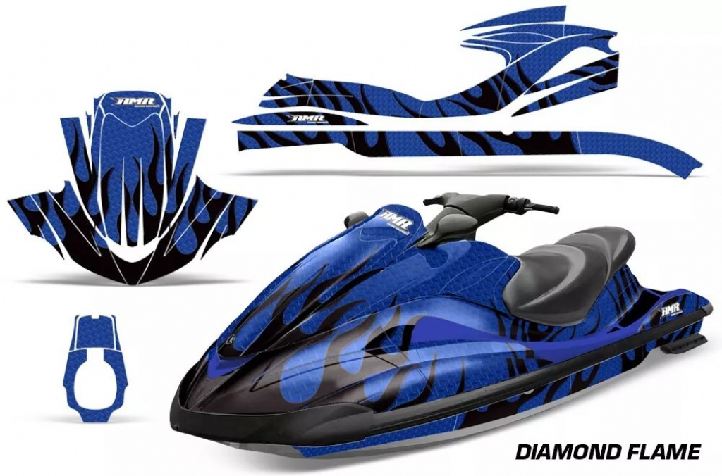 Diamond Flames Background = Blue, Design color = Black for Yamaha Wave Runner 2002-2005